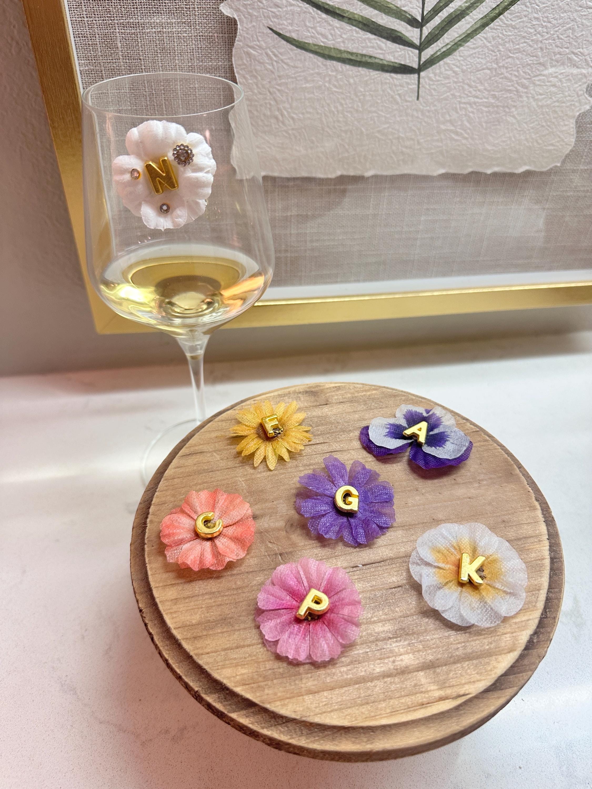 Personalized Floral Wine Charms – Custom Initial Bridesmaid Gift & Wedding Favor