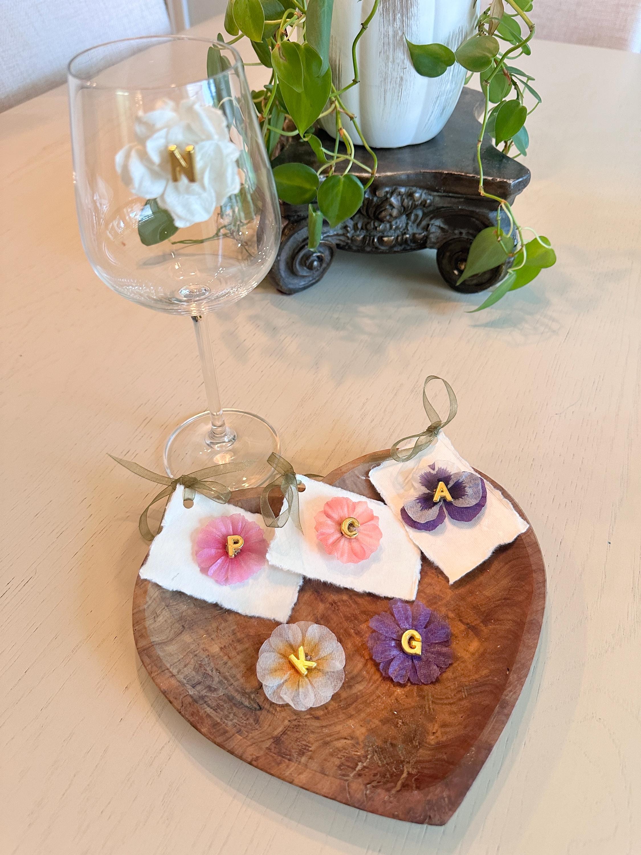 Personalized Floral Wine Charms – Custom Initial Bridesmaid Gift & Wedding Favor