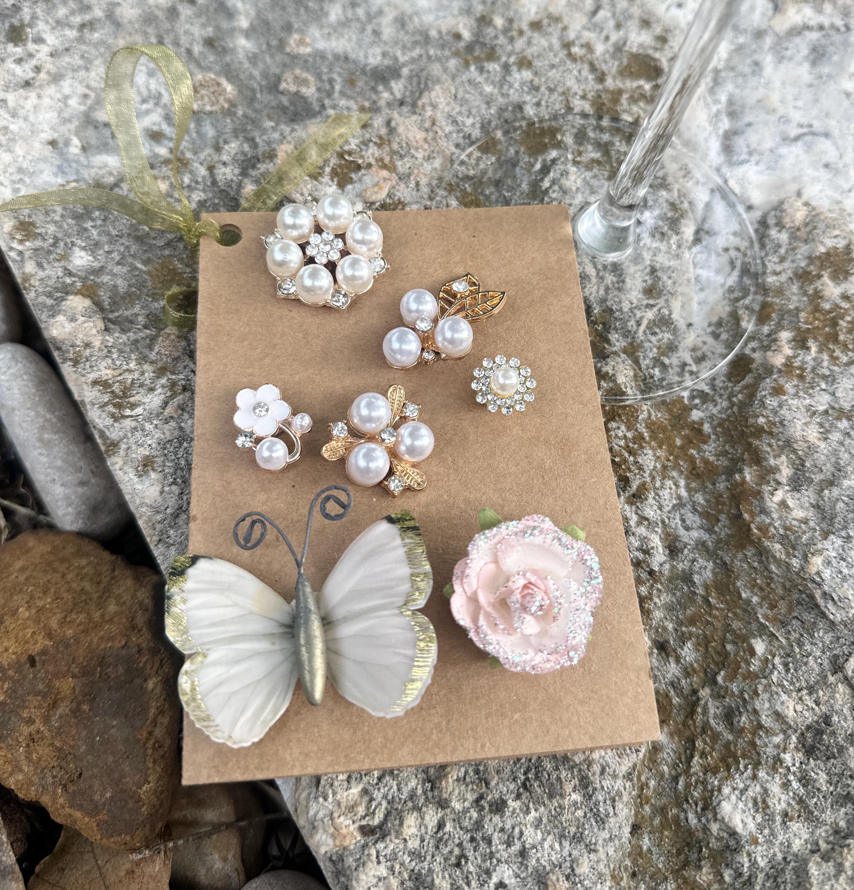 Floral Butterfly Wine Charms with Pearl Embellishments