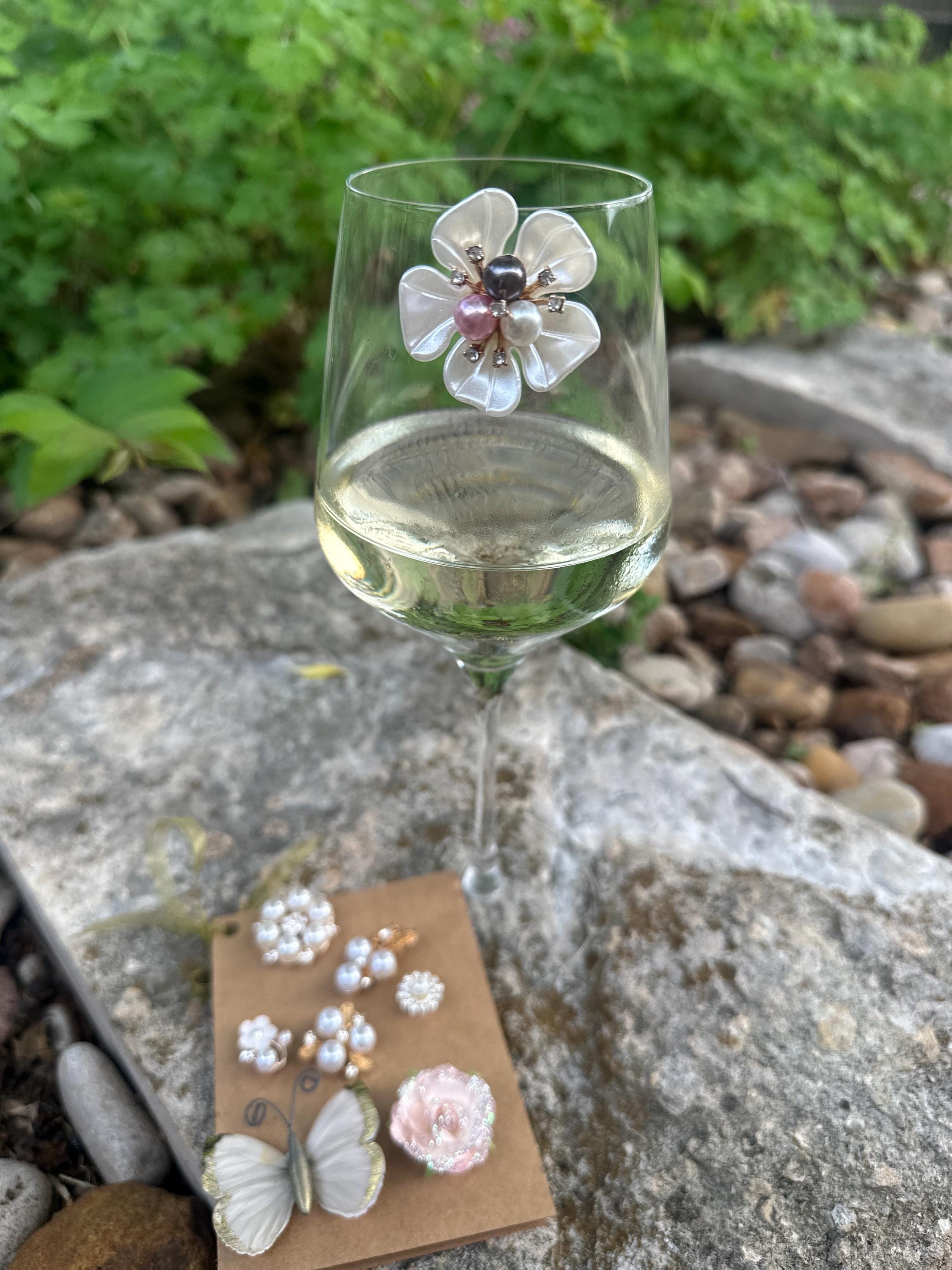 Floral Butterfly Wine Charms with Pearl Embellishments